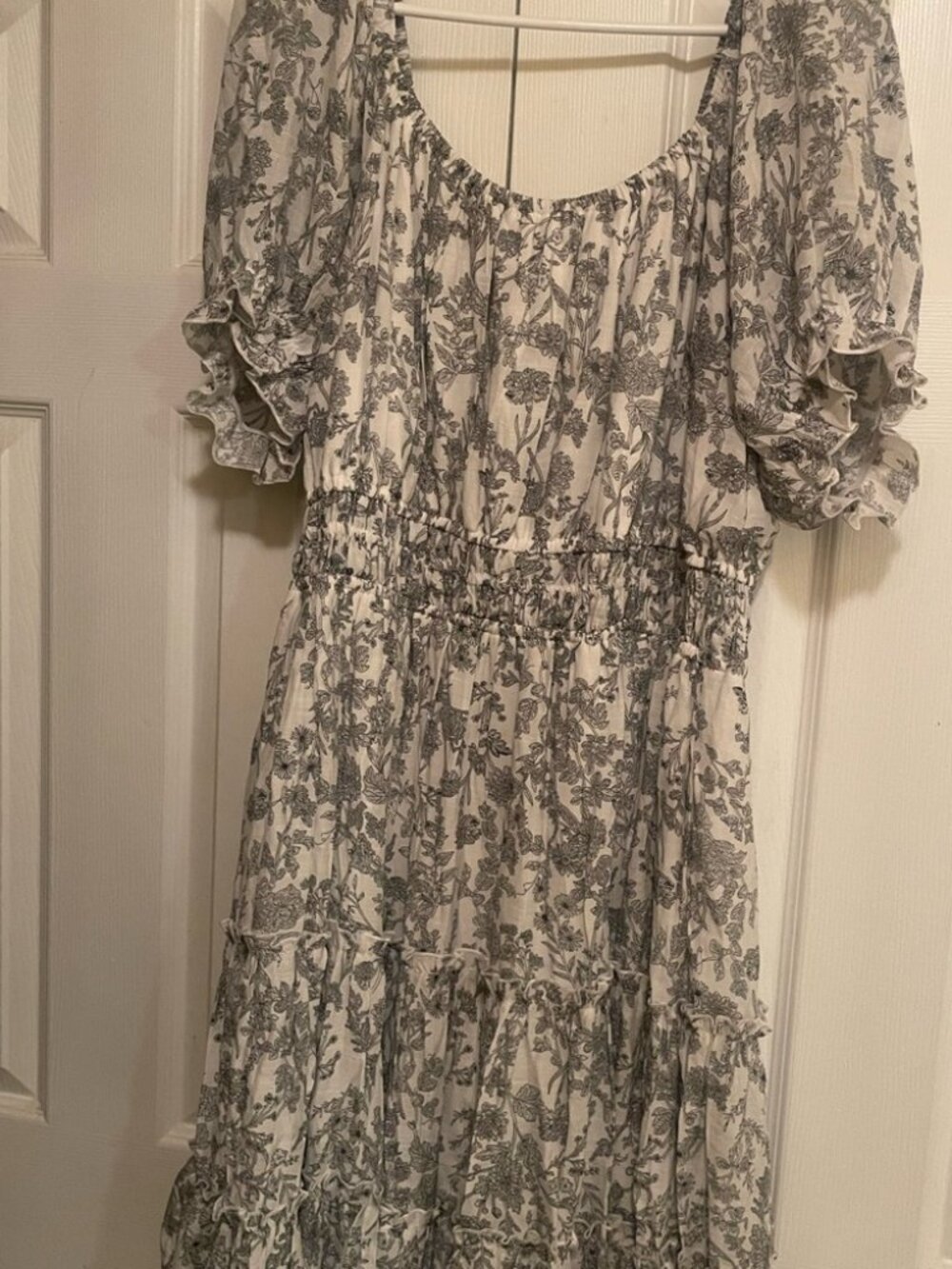 Gray Floral Smocked-Waist Tiered Midi Dress